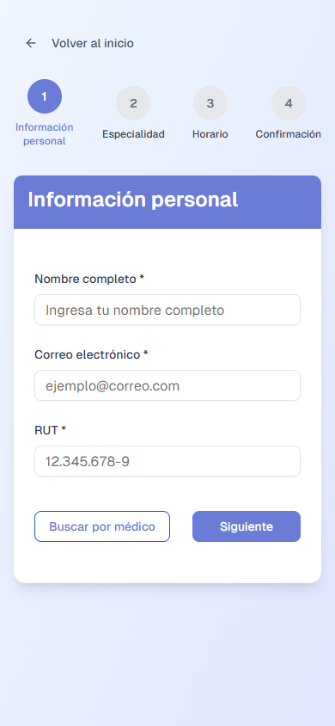 Imagen de la aplicación para clientes, se muesrta la aplicación solicitando información personal para agendar/reservar una hora medica